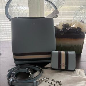 COACH Small Town Bucket Bag Matching Wallet Strap Color Block Blue Leather
NEW